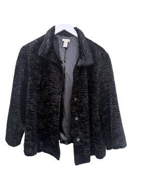 Chicos Black Faux Fur Jacket Large Snap Front Faux Persian Lamb Evening Wear